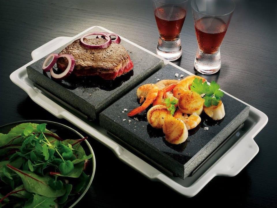 hot lava stone grill with steak and shrimp
